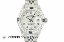 Rolex Ladies Datejust Silver Diamond Dial 18K White Gold Sapphire Bezel SS Watch