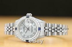 Rolex Ladies Datejust Silver Roman Sapphire Diamond 18k White Gold Steel Watch