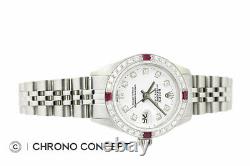 Rolex Ladies Datejust White Diamond Dial 18K White Gold Ruby Bezel SS Watch