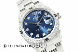 Rolex Mens Datejust 18K White Gold & Stainless Steel Blue Diamond Sapphire Watch