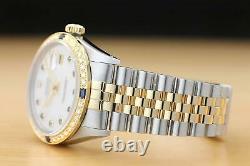 Rolex Mens Datejust 2 Tone Mother Of Pearl Sapphire Dial Quickset Diamond Watch