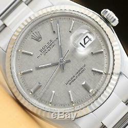 Rolex Mens Datejust Gray Linen Dial 18k White Gold Bezel & Stainless Steel Watch