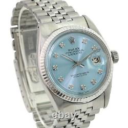 Rolex Mens Datejust Stainless Steel Blue Diamond Dial Fluted Bezel 36mm Watch