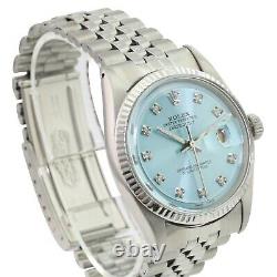 Rolex Mens Datejust Stainless Steel Blue Diamond Dial Fluted Bezel 36mm Watch