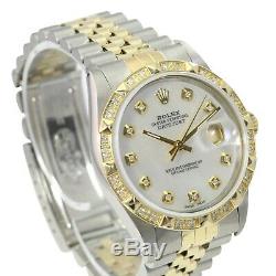 Rolex Mens Datejust White MOP Diamond Dial 14K Gold Diamond Bezel 36mm Watch