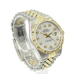 Rolex Mens Datejust White MOP Diamond Dial 14K Gold Diamond Bezel 36mm Watch