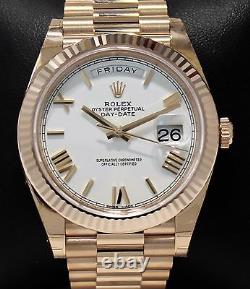 Rolex President 40mm Day-Date 228235 18K Rose Gold White Roman Dial Watch NEW