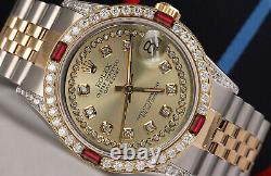 Rolex SS & Gold 36mm Datejust Unisex Watch Champagne String Dial Ruby & Diamond
