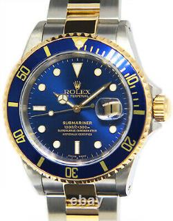 Rolex Submariner 18k Yellow Gold/Steel Blue Dive Mens 40mm Watch B/P Y 16613