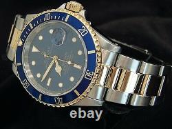 Rolex Submariner Date 18k Yellow Gold & Steel Watch Blue Dial & Bezel Sub 16613