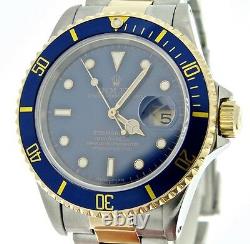 Rolex Submariner Date Mens 18k Yellow Gold Stainless Steel Blue Sub Watch 16613