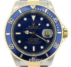 Rolex Submariner Date Mens 18k Yellow Gold Stainless Steel Watch Blue Sub 16613