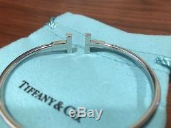 Tiffany & Co. 18K White Gold Saphhire T Wire Bracelet Bangle Medium