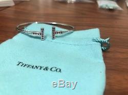 Tiffany & Co. 18K White Gold Saphhire T Wire Bracelet Bangle Medium
