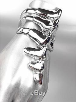 UNIQUE Chunky 18kt White Gold Plated Dinosaur Bones Ribbed Long Cuff Bracelet