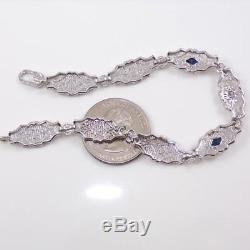 Vintage 10K White Gold Art Deco Filigree Blue Sapphire Diamond Bracelet LDF4