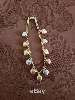 Vintage 14K Yellow White Rose Tri-Gold Puffy Heart Dangle Charm Link Bracelet