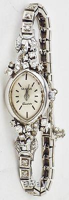 Vintage 1960s Geneve 14K White Gold Diamond Bracelet Cocktail Watch 15 Grams