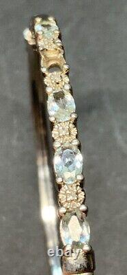 Vintage CID Solid 10k White Gold, Aqua & Diamonds, Bangle Bracelet, 4.77 Grams