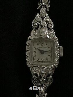 Vintage Ladies Hamilton Watch 14K White Gold /Diamonds Full Length 7 Bracelet