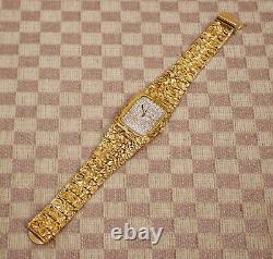 Vintage Large Mens 14 Karat Yellow Gold Nugget Wristwatch With Pave Diamond Dial