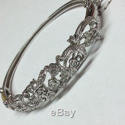 Vintage Old Mine Diamond Filigree 14k White Gold Bangle Bracelet