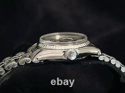 Vintage Rolex Date Ladies Stainless Steel & 18K White Gold Watch Black Dial 6517