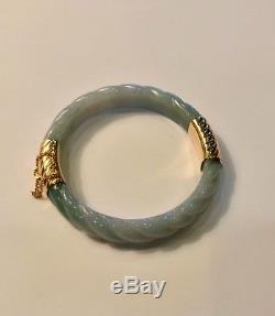 Vtg 14k Yellow Gold Carved Green White Jade Bangle Bracelet 41g 9.8 mm
