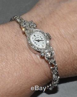 Vtg Ladies Hamilton 14K White Gold Diamond Bracelet Wrist Watch Serviced