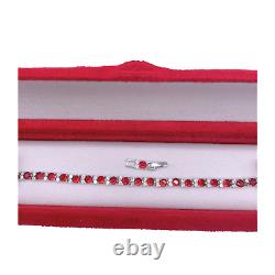 White Gold Finish Created Diamond Red Ruby Cluster Round Cut Tennis Bracelet