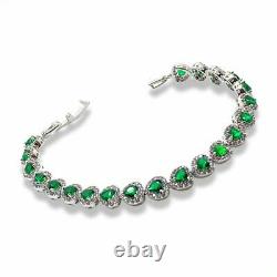 White Gold Finish Green Emerald And Created Diamond Heart Cut Bracelet