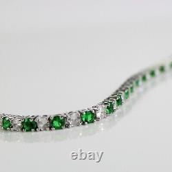 White Gold Finish Green Emerald Round Cut Alternating Created Diamond Bracelet