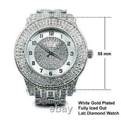 White Gold Hip Hop Lab Diamond Silver Dial Watch & 4row Tennis Bracelet set 5