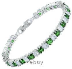 White gold Finish Green Emerald & created diamond Princess Cut tennis bracelet