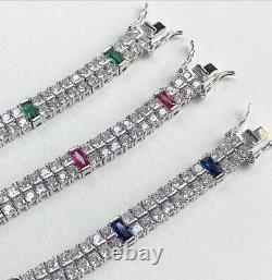 White gold finish Double Row Created Diamond and sapphire tennis bracelet
