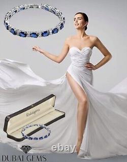 White gold finish Oval blue sapphire created diamond tennis bracelet free post