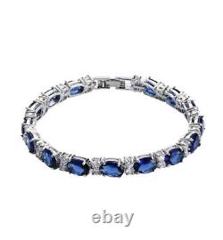 White gold finish Oval blue sapphire created diamond tennis bracelet free post