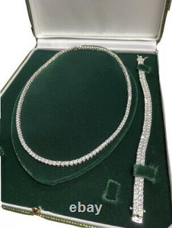 White gold finish created diamond tennis necklace And Double Row Bracelet Gift