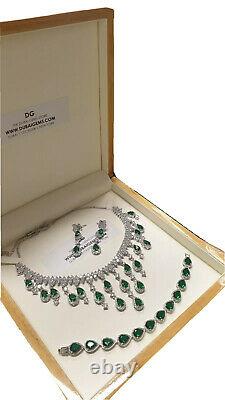 White gold finish pearcut emerald and created diamond necklace earrings bracelet