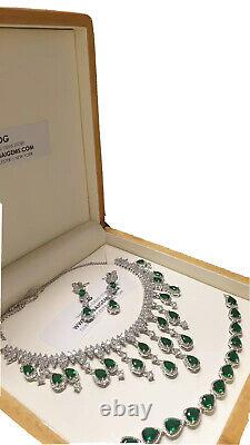 White gold finish pearcut emerald and created diamond necklace earrings bracelet