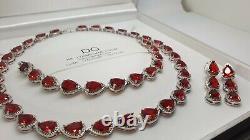 White gold finish red ruby created diamond pearcut necklace earrings bracelet
