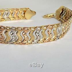 Wide real 14k gold bracelet yellow white rose 8 Inches Long 10.5 mm wide