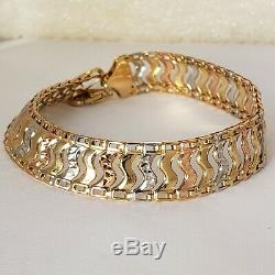 Wide real 14k gold bracelet yellow white rose 8 Inches Long 10.5 mm wide