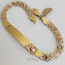 Womans real 14k Yellow white rose gold heart link ID bracelet 7.50 inches long
