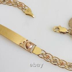 Womans real 14k Yellow white rose gold heart link ID bracelet 7.50 inches long
