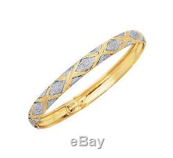 X Design Hugs Textured Two Tone Bangle Bracelet Real Solid 10K White Yellow Gold